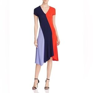 NWOT Tory Burch Color Block Asymmetrical V-Neck Dress‎ Orange Blue XS